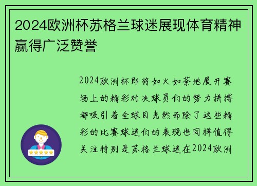 2024欧洲杯苏格兰球迷展现体育精神赢得广泛赞誉