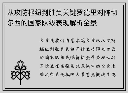 从攻防枢纽到胜负关键罗德里对阵切尔西的国家队级表现解析全景