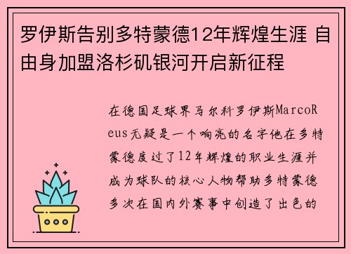 罗伊斯告别多特蒙德12年辉煌生涯 自由身加盟洛杉矶银河开启新征程